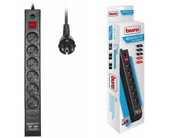 Сетевой фильтр Buro BU-SP1.8_USB_2A-B 1.8м (6 розеток) черный 