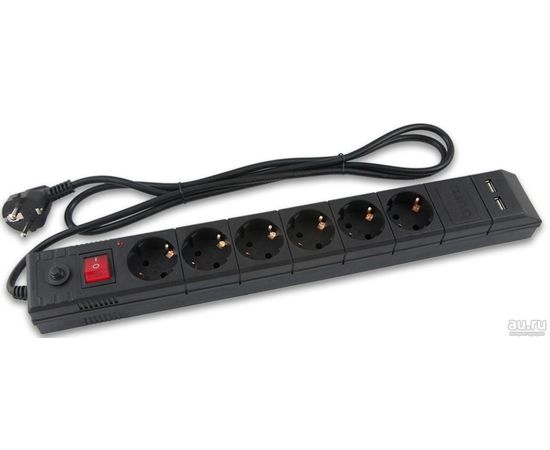  Сетевой фильтр Buro BU-SP1.8_USB_2A-B 1.8м (6 розеток) черный 