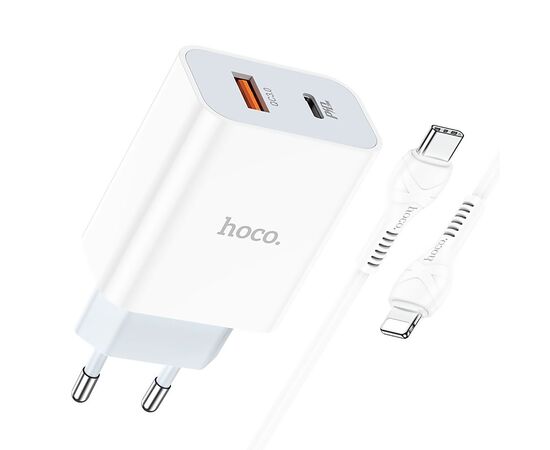  Адаптер Сетевой с кабелем Hoco C97A 1USB/1TYPE-C/5V/3A PD+QC3.0 +lightning (white) (207577) 
