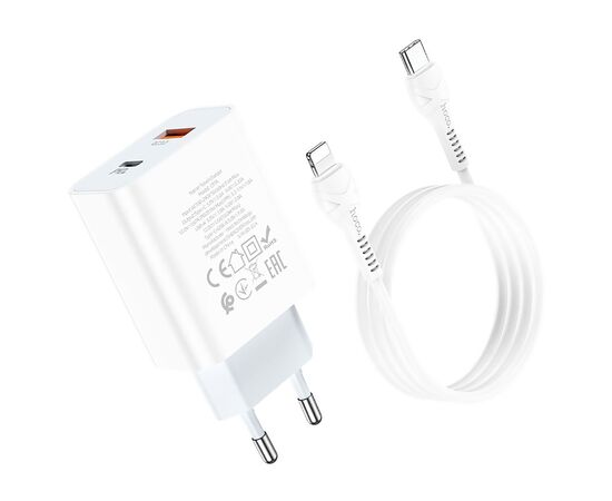  Адаптер Сетевой с кабелем Hoco C97A 1USB/1TYPE-C/5V/3A PD+QC3.0 +lightning (white) (207577) 
