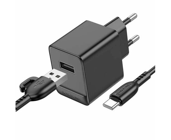  Блок питания сетевой 1 USB Borofone BAS11A Erudite, пластик, 2.1A, кабель USB - Type-C, цвет: чёрный (1/60/240) 