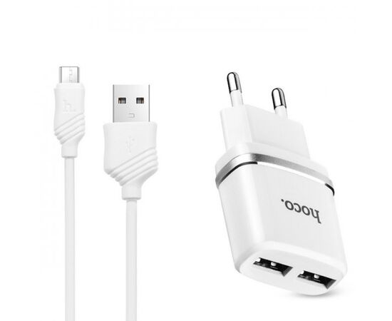  Блок питания сетевой 2 USB HOCO, C12, 2400mA, пластик, кабель микро USB, цвет: белый (1/10/100) 