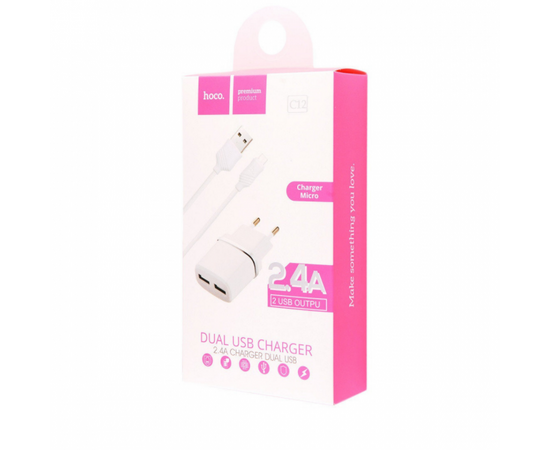  Блок питания сетевой 2 USB HOCO, C12, 2400mA, пластик, кабель микро USB, цвет: белый (1/10/100) 