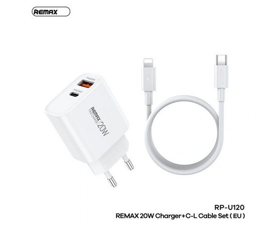  СЗУ REMAX RP-U120, 20W A+C, кабель Type-C - Lightning (White) 
