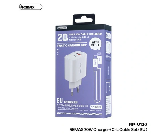  СЗУ REMAX RP-U120, 20W A+C, кабель Type-C - Lightning (White) 