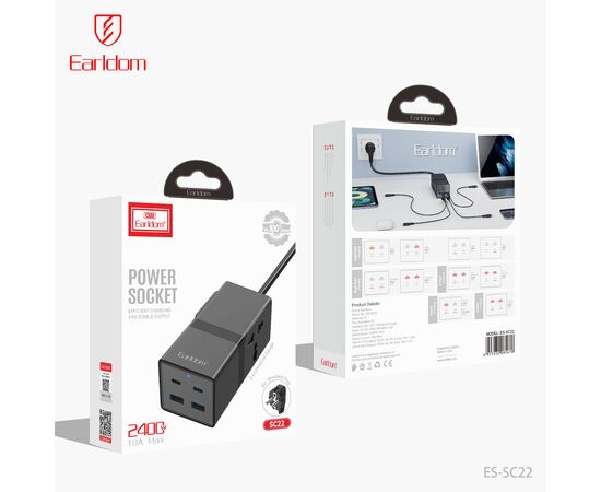  Удлинитель Earldom ES-SC22 EU, 1 розетка универсал +2USB+2Type C PD 